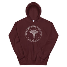 Load image into Gallery viewer, Mushroom People Apparel mycologist hoodie in maroon