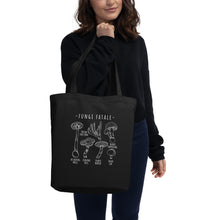 Load image into Gallery viewer, Woman holding tote bag with Toxic Mushroom Identification design
