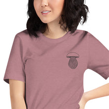Load image into Gallery viewer, Woman wearing an embroidered King Bolete Mushroom T-Shirt