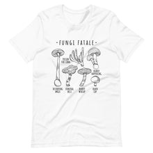 Load image into Gallery viewer, White t-shirt with Toxic Mushroom Identification design
