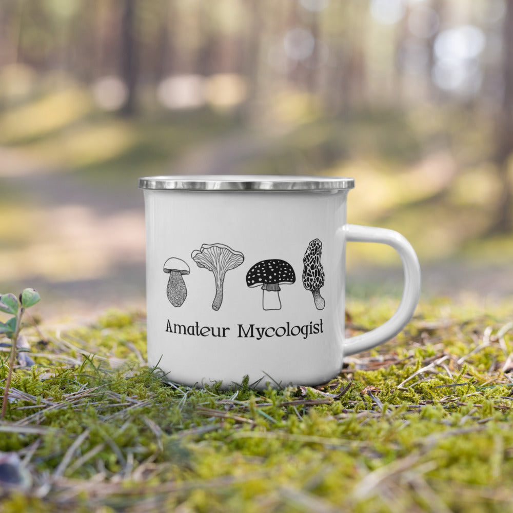 Amateur Mycologist enamel mug with mushroom design